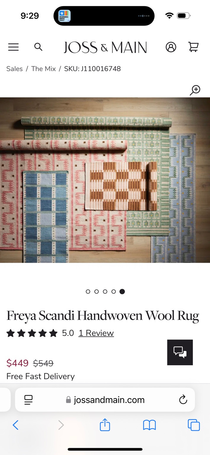 A collection of woven rugs with geometric patterns in green, blue, pink and rust.