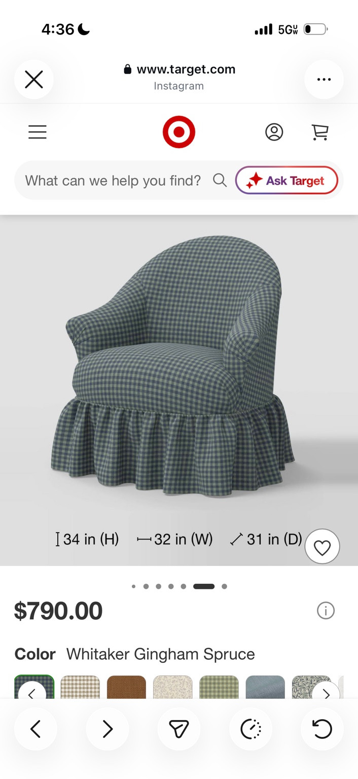 Green gingham armchair with a skirted base in a saved product screenshot.