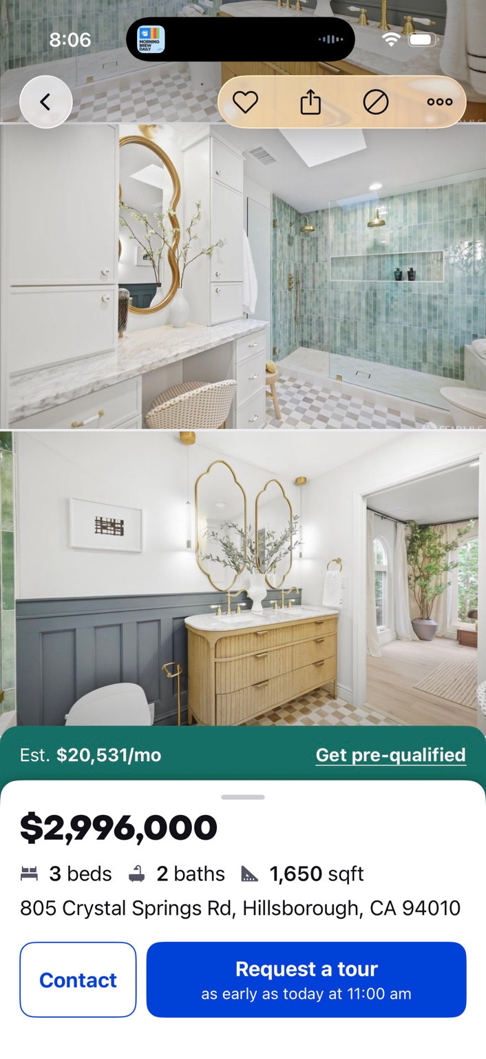 Listing screenshot showing a green-tiled shower and a separate bathroom with a wood vanity.